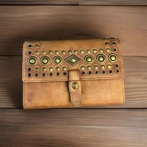 Patricia Nash Brown Italian Leather Trifold‎ Wallet Stud Embellishments